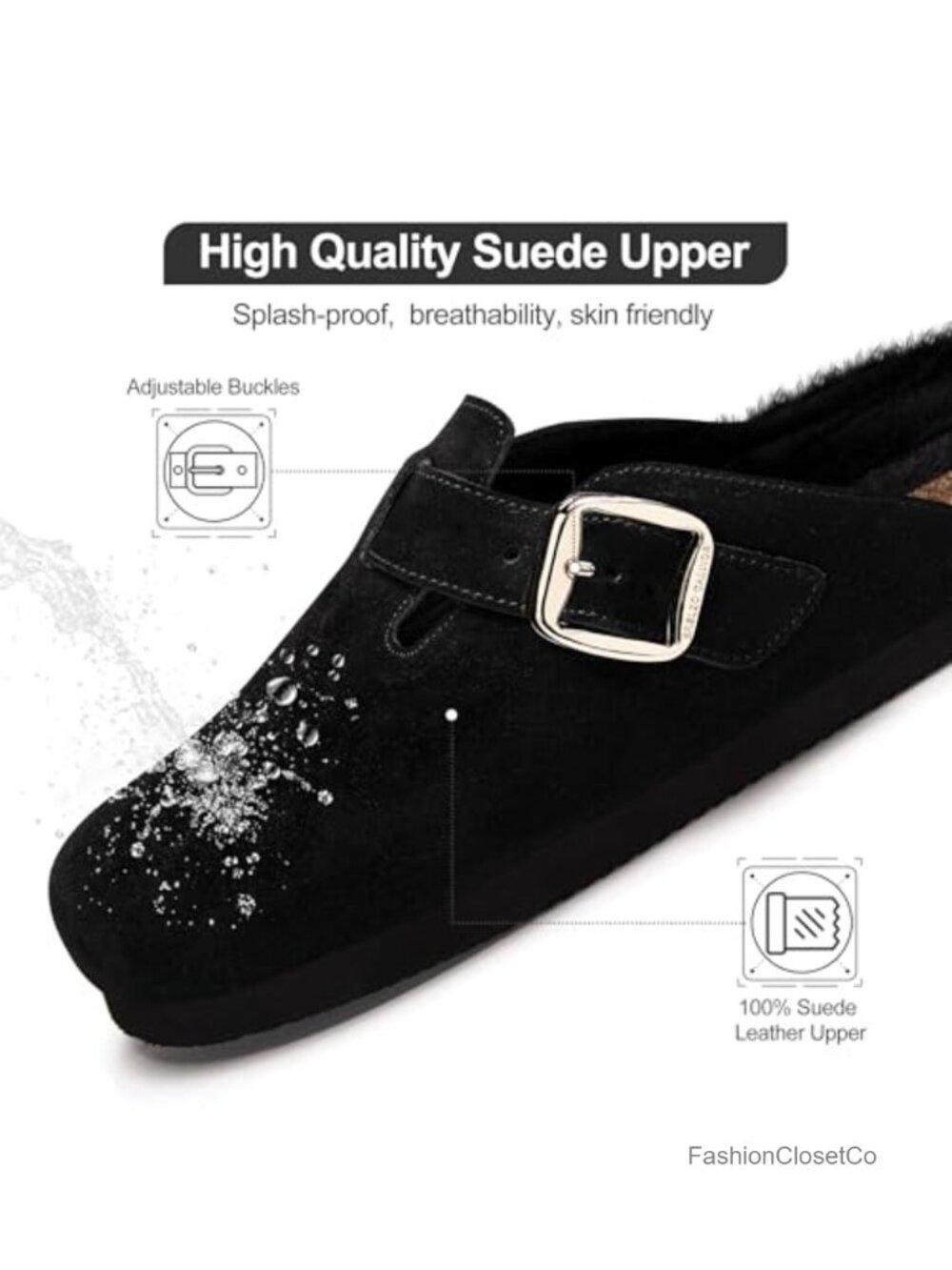 Women's Fuzzy Suede Clogs Leather Mules Fur Lined Non Slip Shoes - Picture 2 of 6